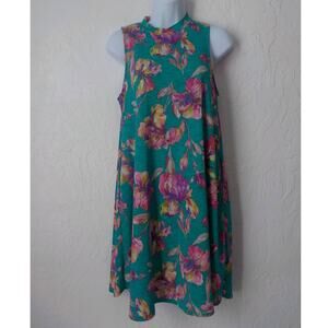 Envy Green Floral A-Line Dress Sleeveless Mock Neck Pullover Pockets Women Small
